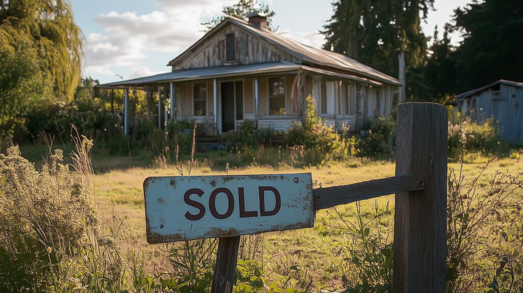 The ancient wooden house against the backdrop of wild vegetation is sold, as evidenced by the shabby sign "Sold" on a wooden pillar. Summer warm light emphasizes the atmosphere of rural seclusion